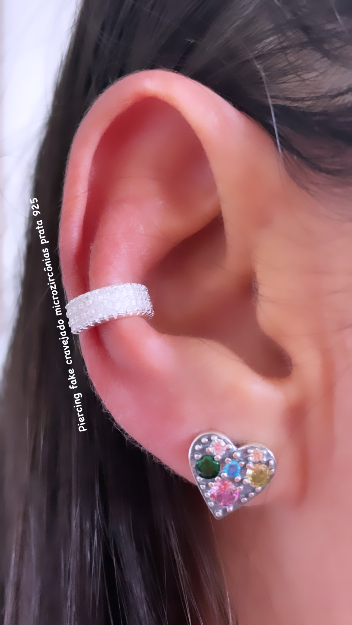 Piercing fake 3 fileiras microzircônias prata 925