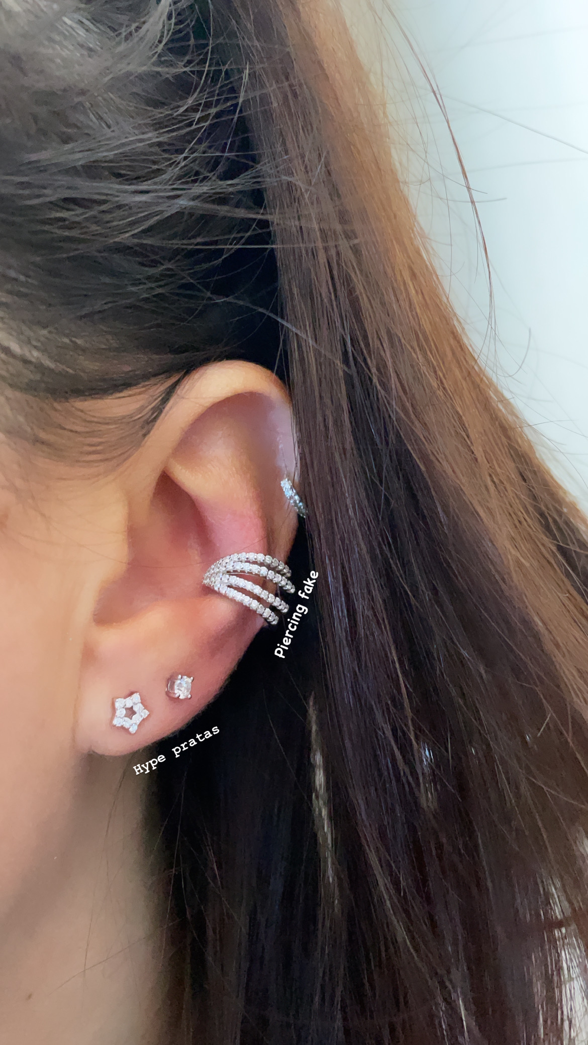 Piercing fake 4 fileiras microzircônias prata 925 com banho de ródio