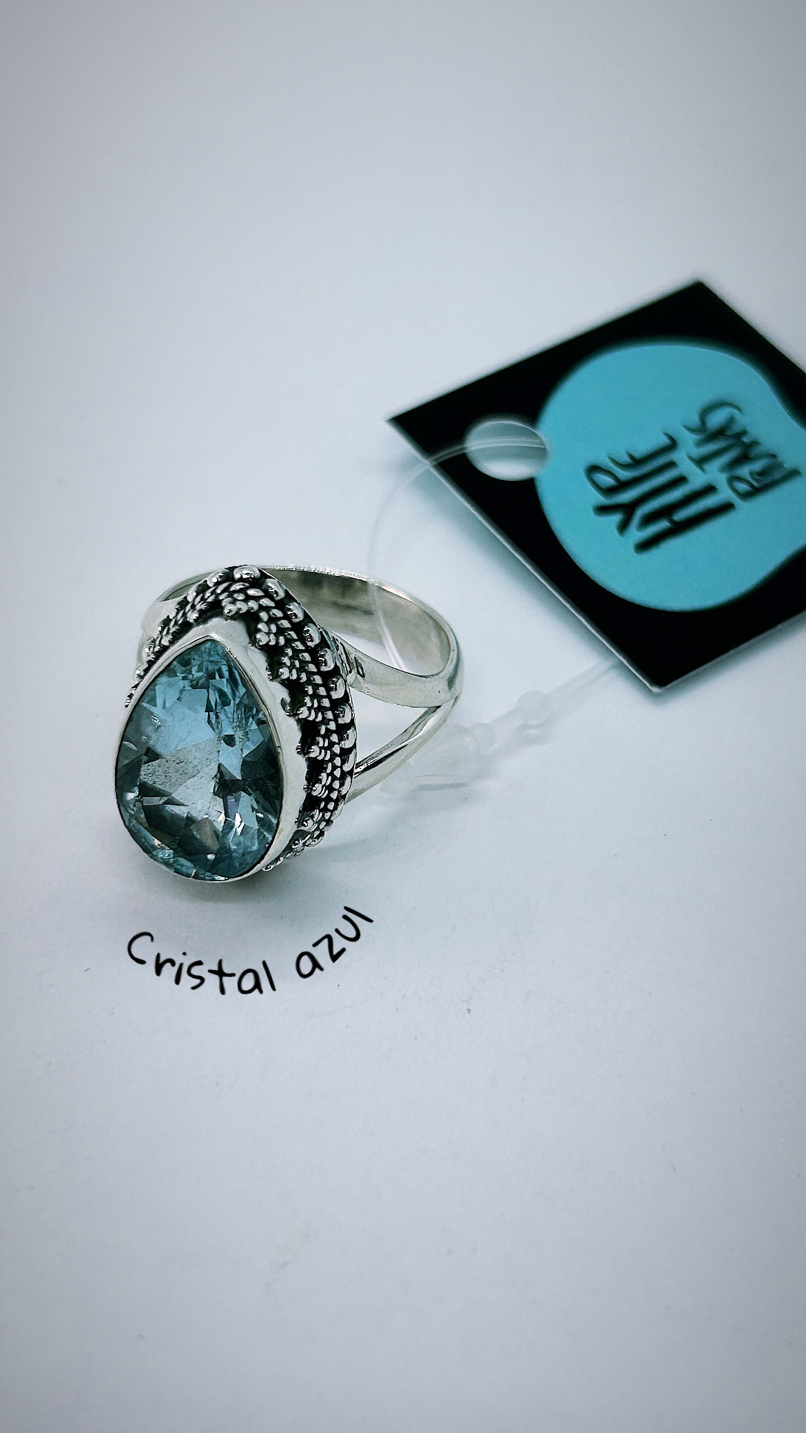 Anel cristal azul natural balinês prata 925 (Tam 19)