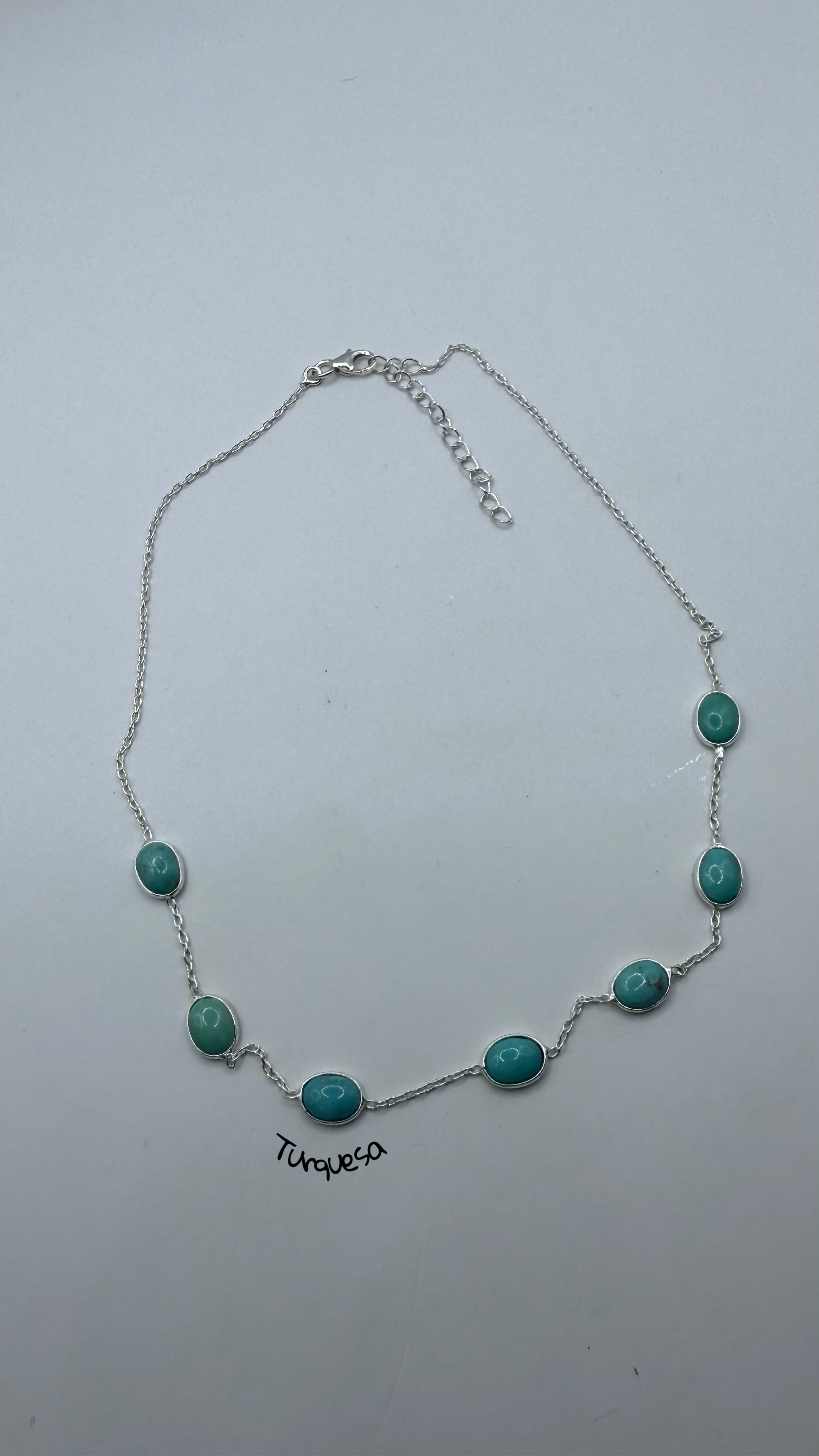 Choker turquesa 7 pedras prata 925 (36 cm + 4 cm) 