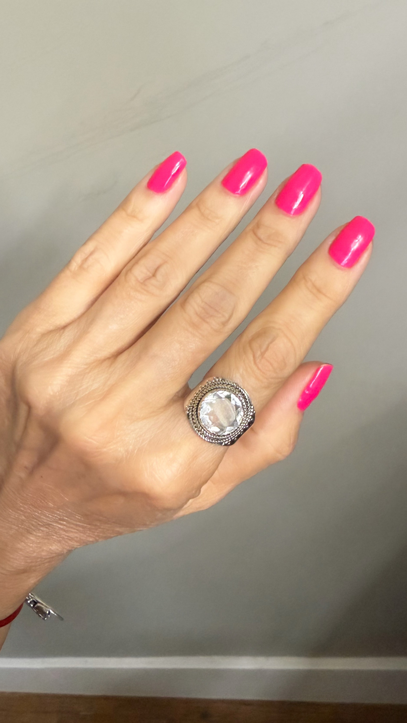 Anel cristal transparente redondo natural prata bali 925 (Tam 18)  