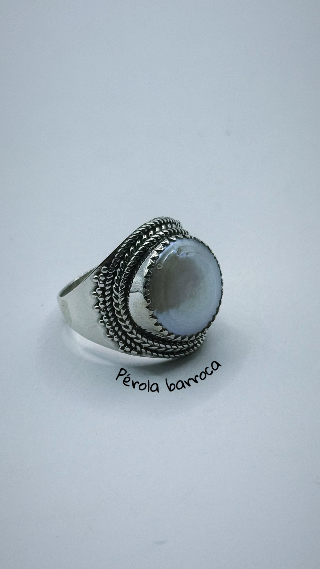 Anel pérola barroca natural prata bali 925 (Tam 19)