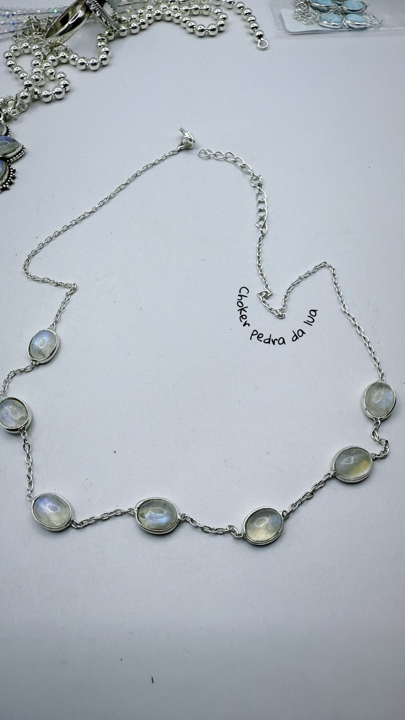 Choker pedra da lua 7 pedras prata 925 (36 cm + 4 cm)  