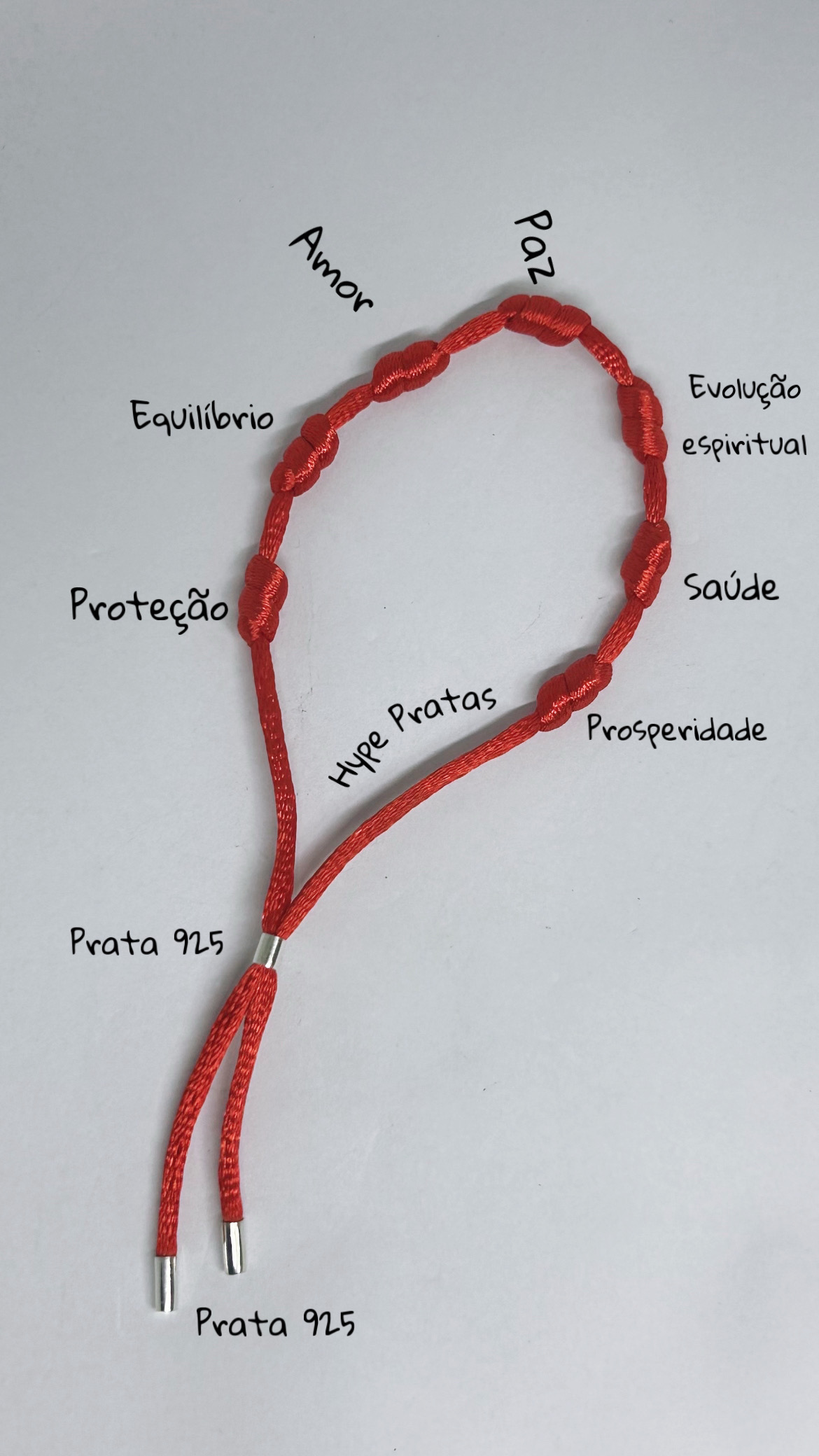 Pulseira cetim vermelha gravata 7 nós prata 925