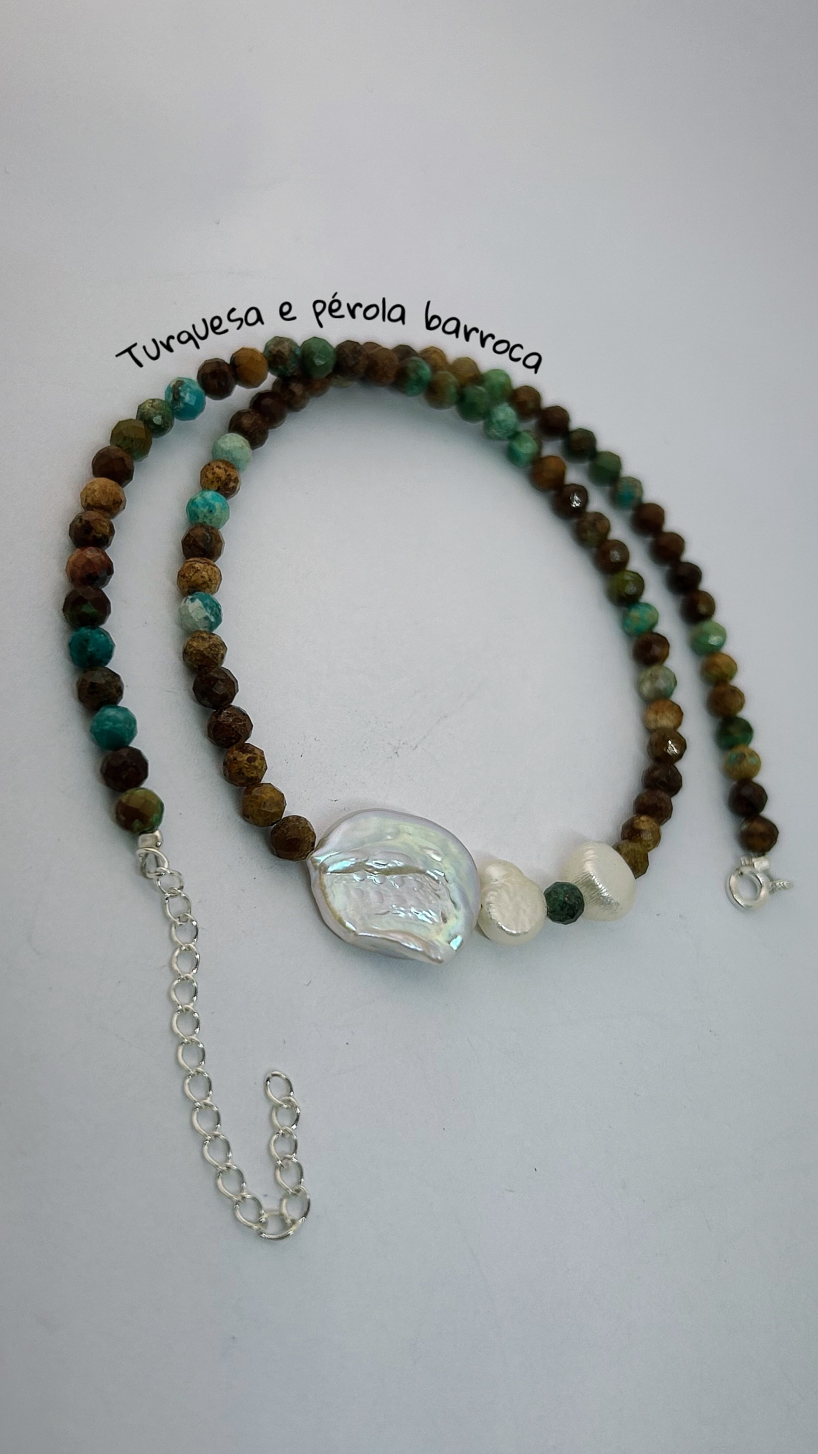 Choker turquesa africana com pérola barrocal fecho prata 925(38 +5 cm) 