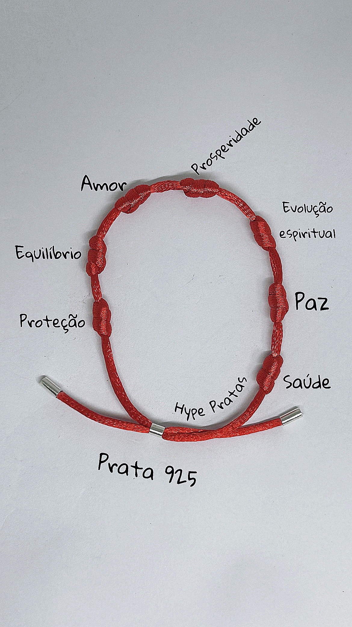 Pulseira cetim vermelha gravata invertida 7 nós prata 925