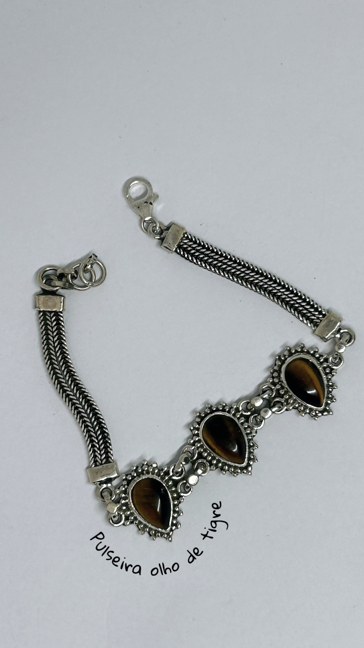 Pulseira gota olho de tigre natural balinês prata 925 (18 cm + 2 cm) 