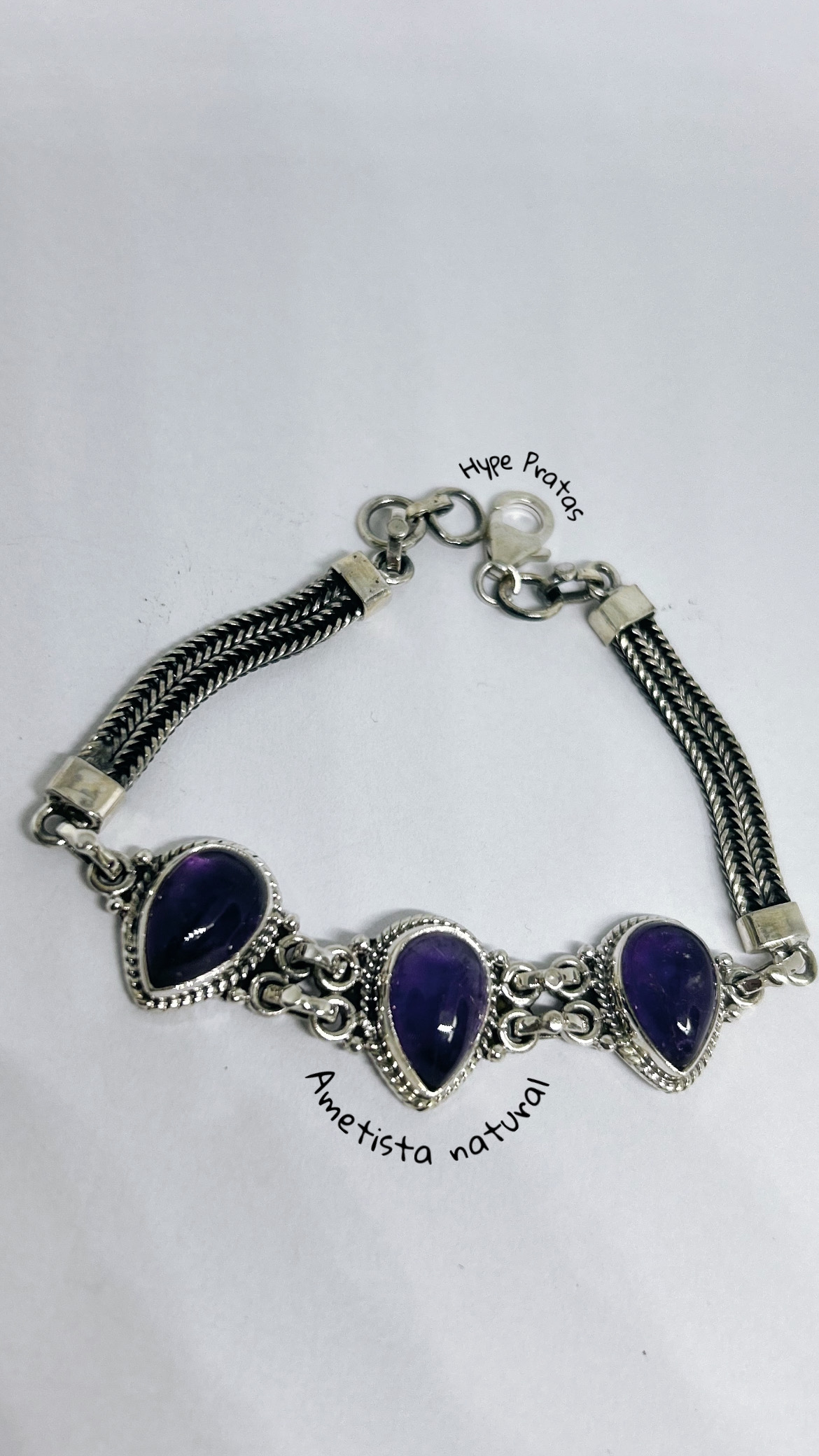 Pulseira gota ametista natural balinês prata 925 (17,5 cm + 1 cm) 