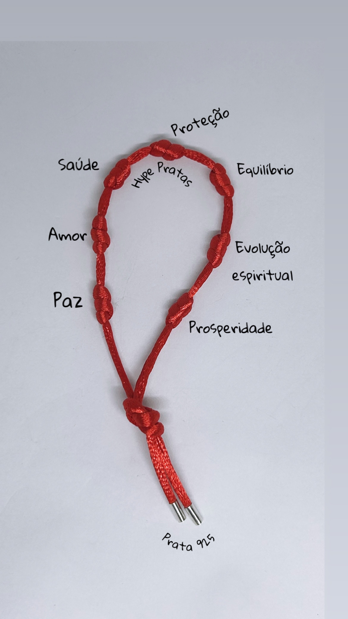 Pulseira cetim vermelha de 7 nós de nó prata 925