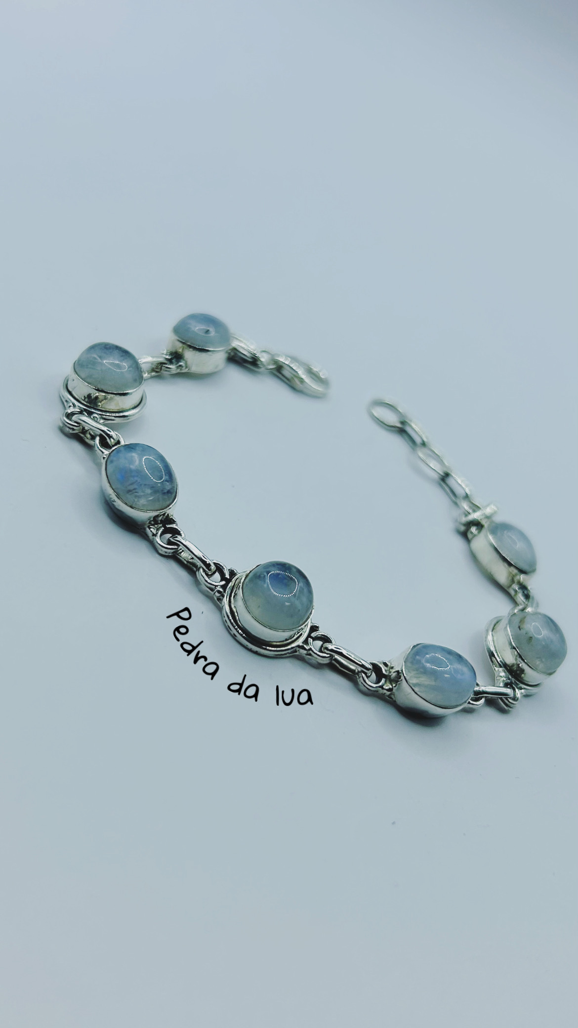 Pulseira pedra da lua ovais prata Bali 925 (16,5 cm + 2,5 cm) 
