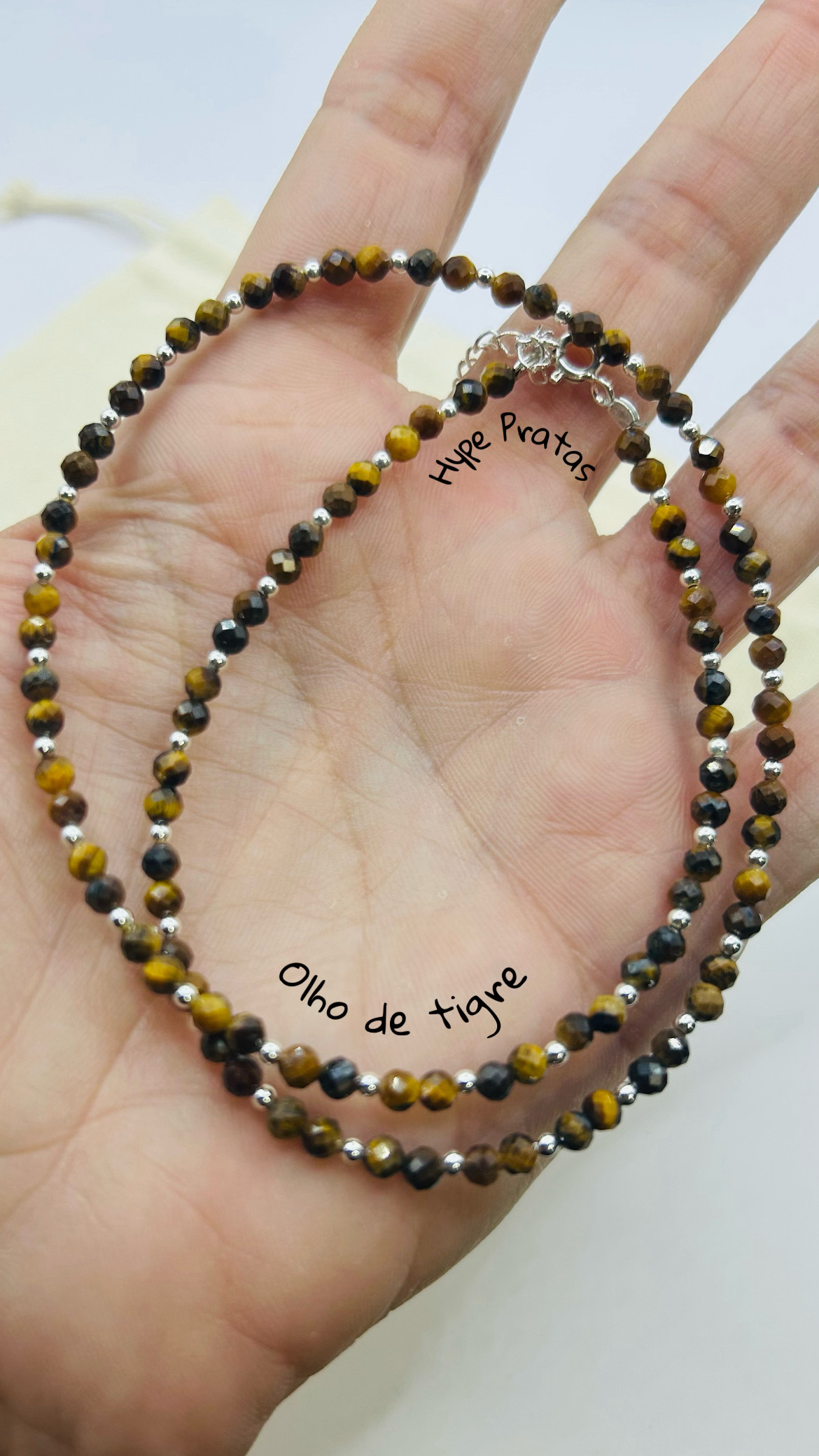 Choker olho de tigre com bolinhas e fecho prata 925(42 + 4 cm)   