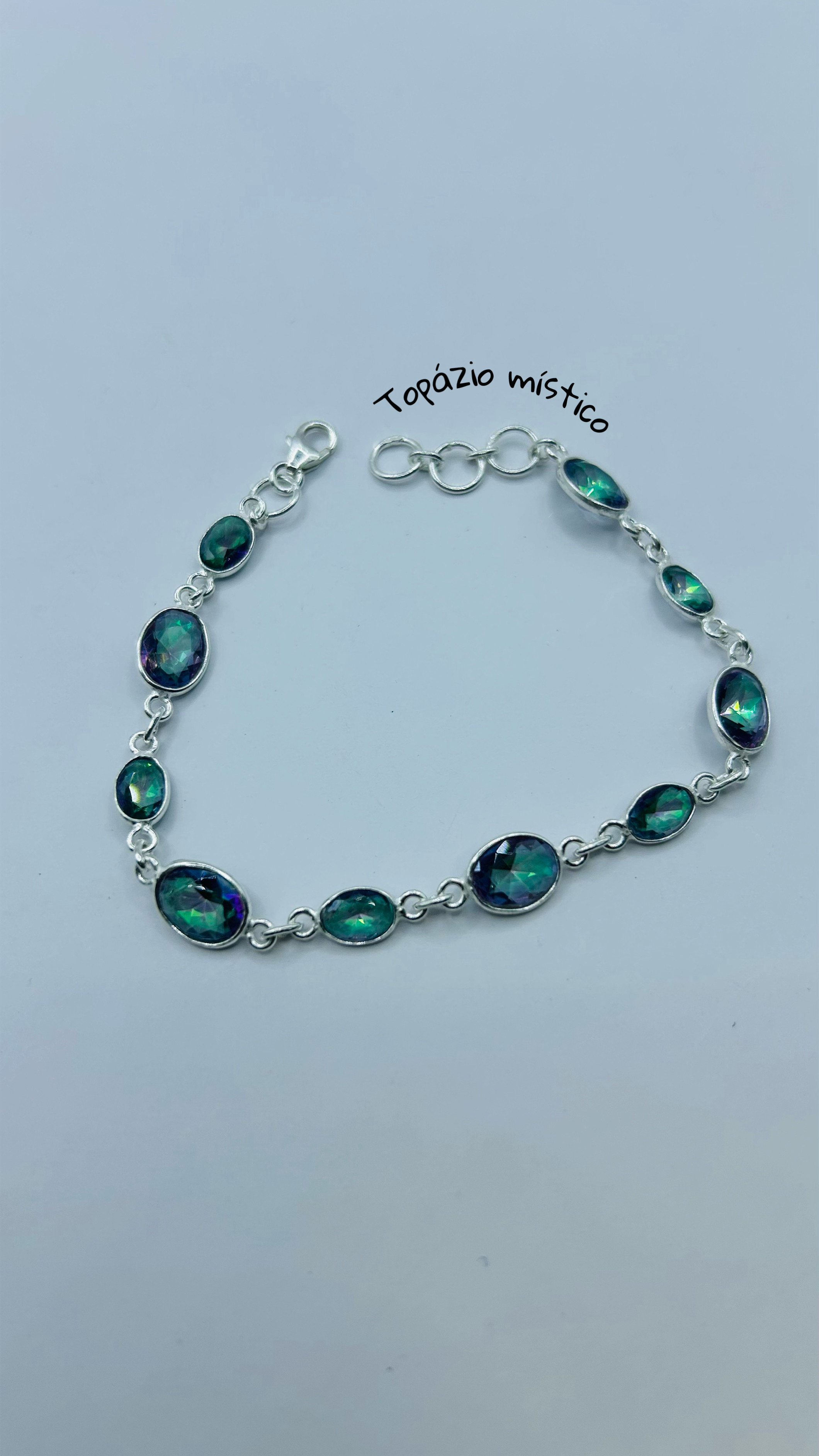 Pulseira topázio místico 10 pedras prata 925 (18 + 1,5 cm)
