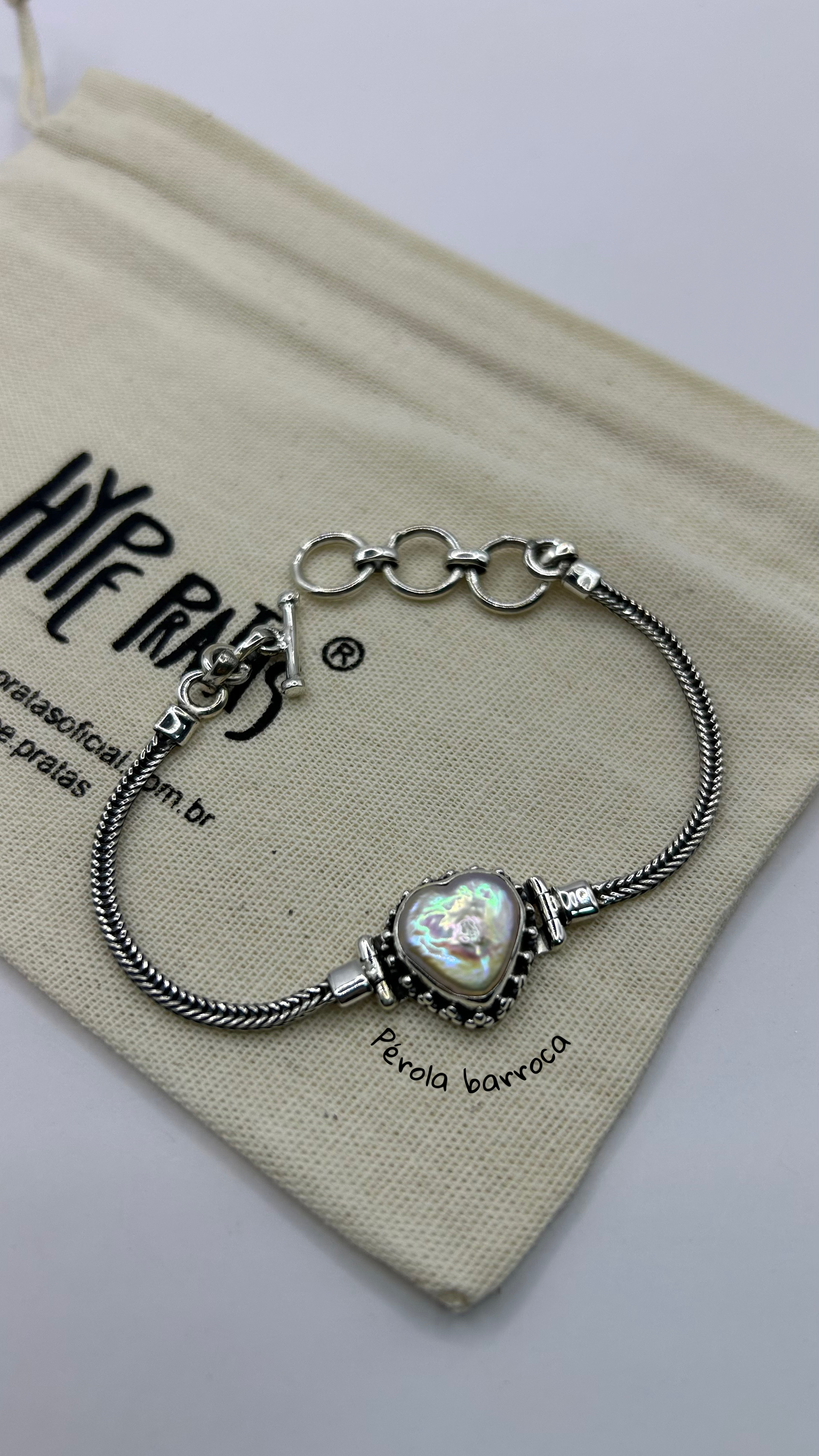 Pulseira pérola barroca coração bali prata 925 (17 + 1,5 cm) 