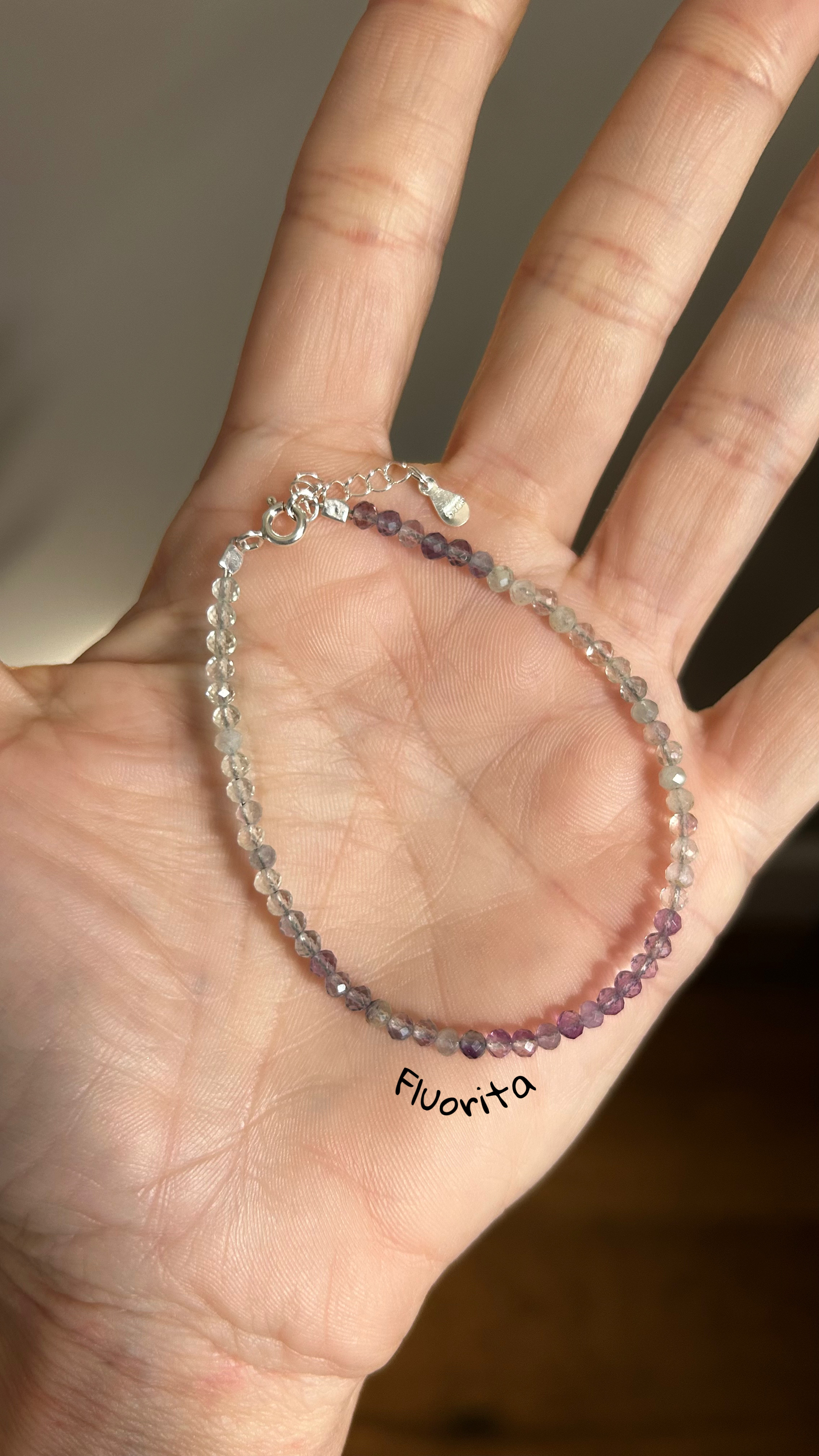 Pulseira pedra fluorita natural prata 925 (17 cm+ 2 cm extensor) 