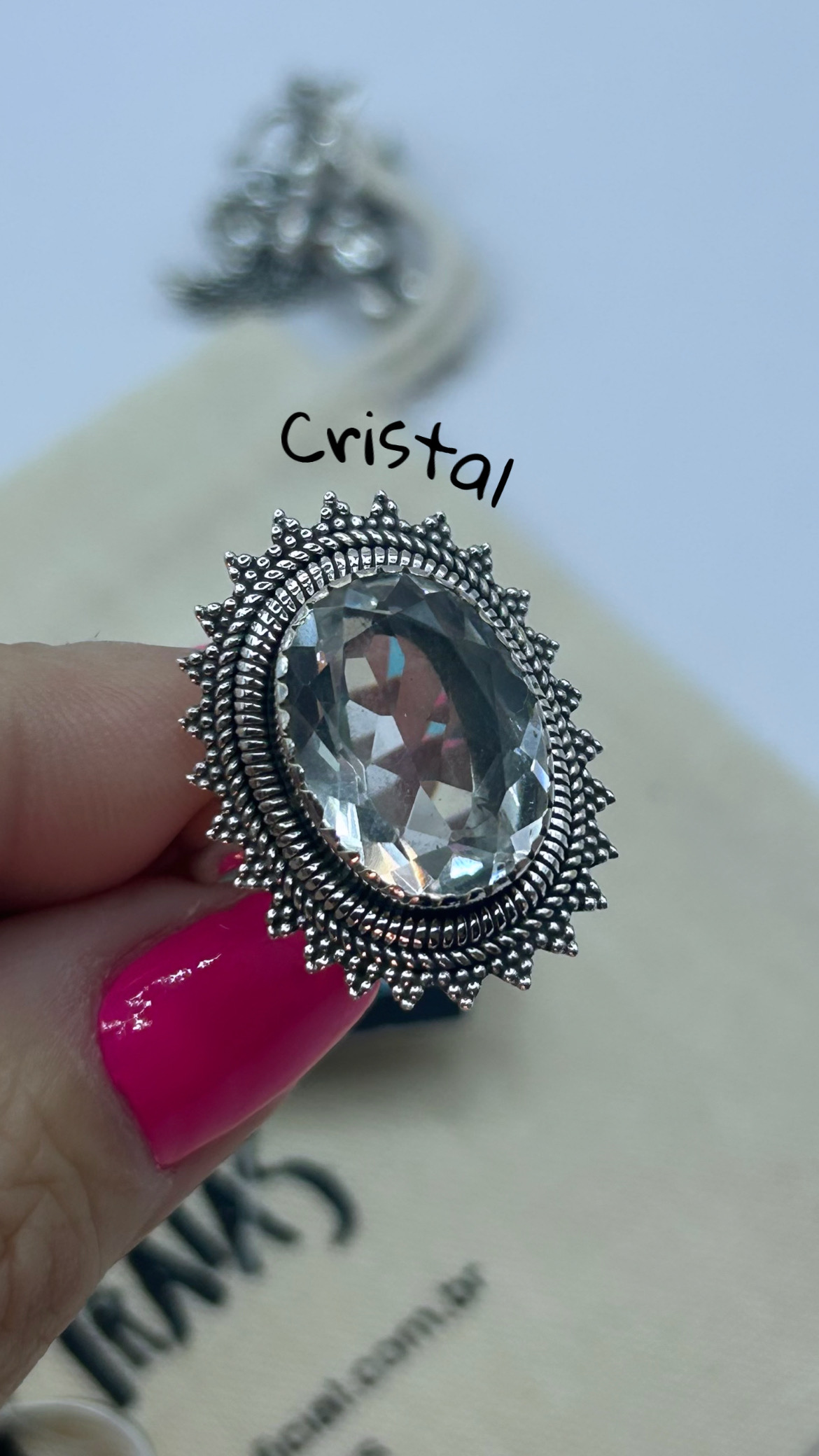 Anel cristal transparente natural prata bali 925 (Tam 22)  