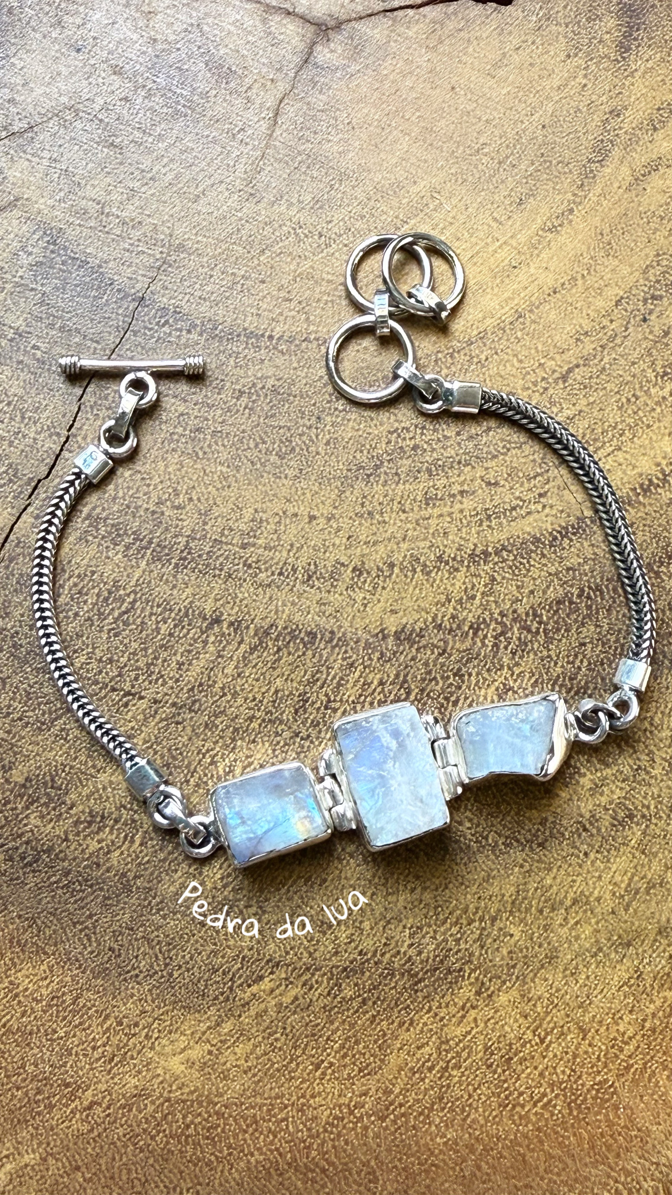 Pulseira pedra da lua bruta prata 925 (18,5 cm + 2,5 cm)