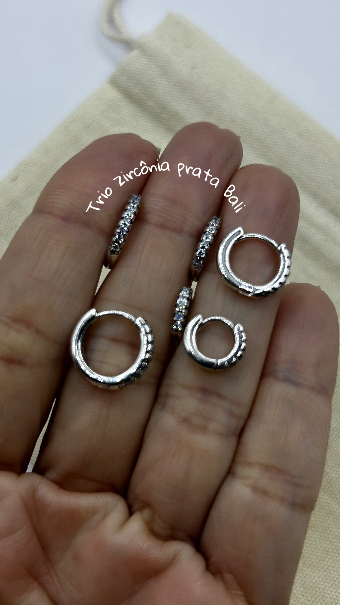 Brincos trio argolas zircônias balinês prata 925(G/M/P)