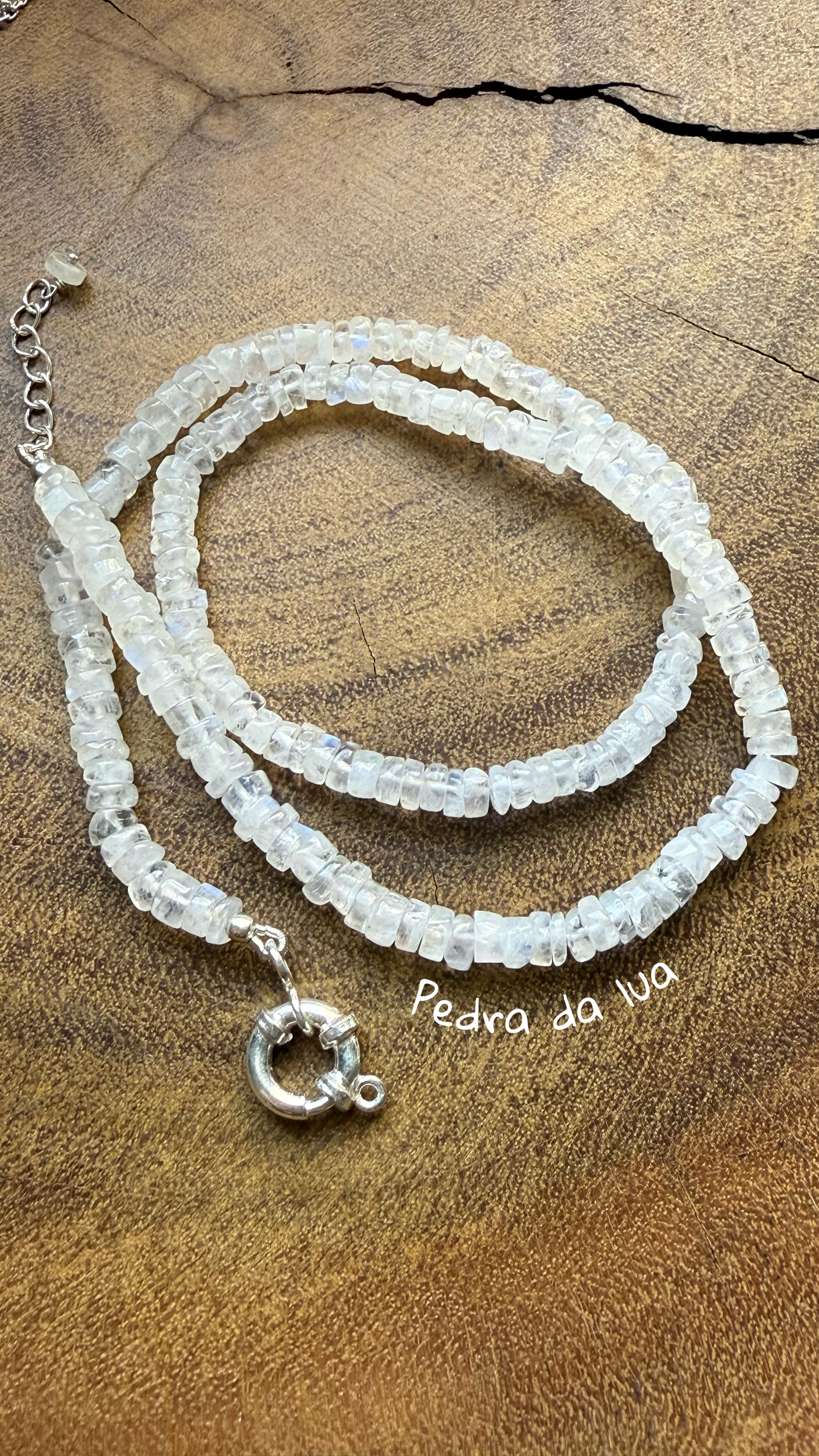 Choker pedra da lua fecho boia prata 925(41 +3  cm) 
