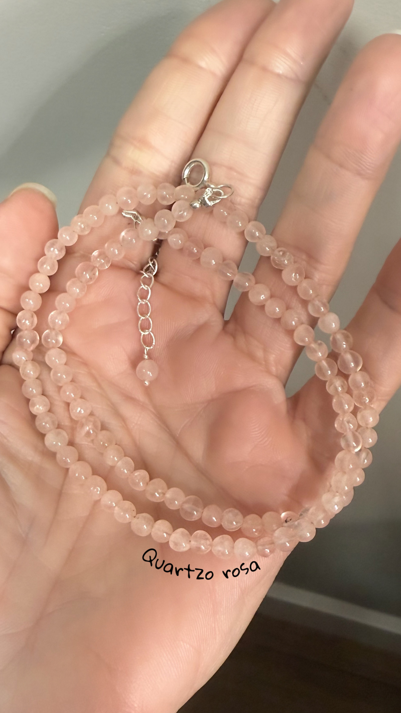 Colar pedra natural quartzo rosa fecho prata 925 (43 cm +6 extensor)