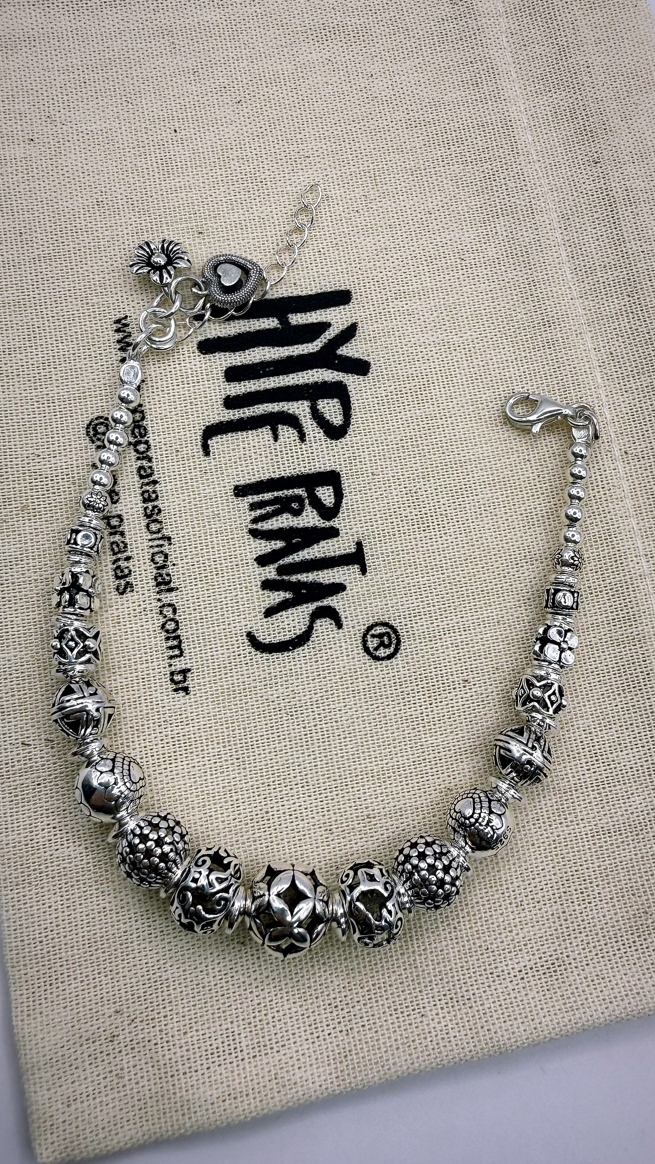 Pulseira bolas balinês pingente coração prata 925 (18  + 3 cm) 
