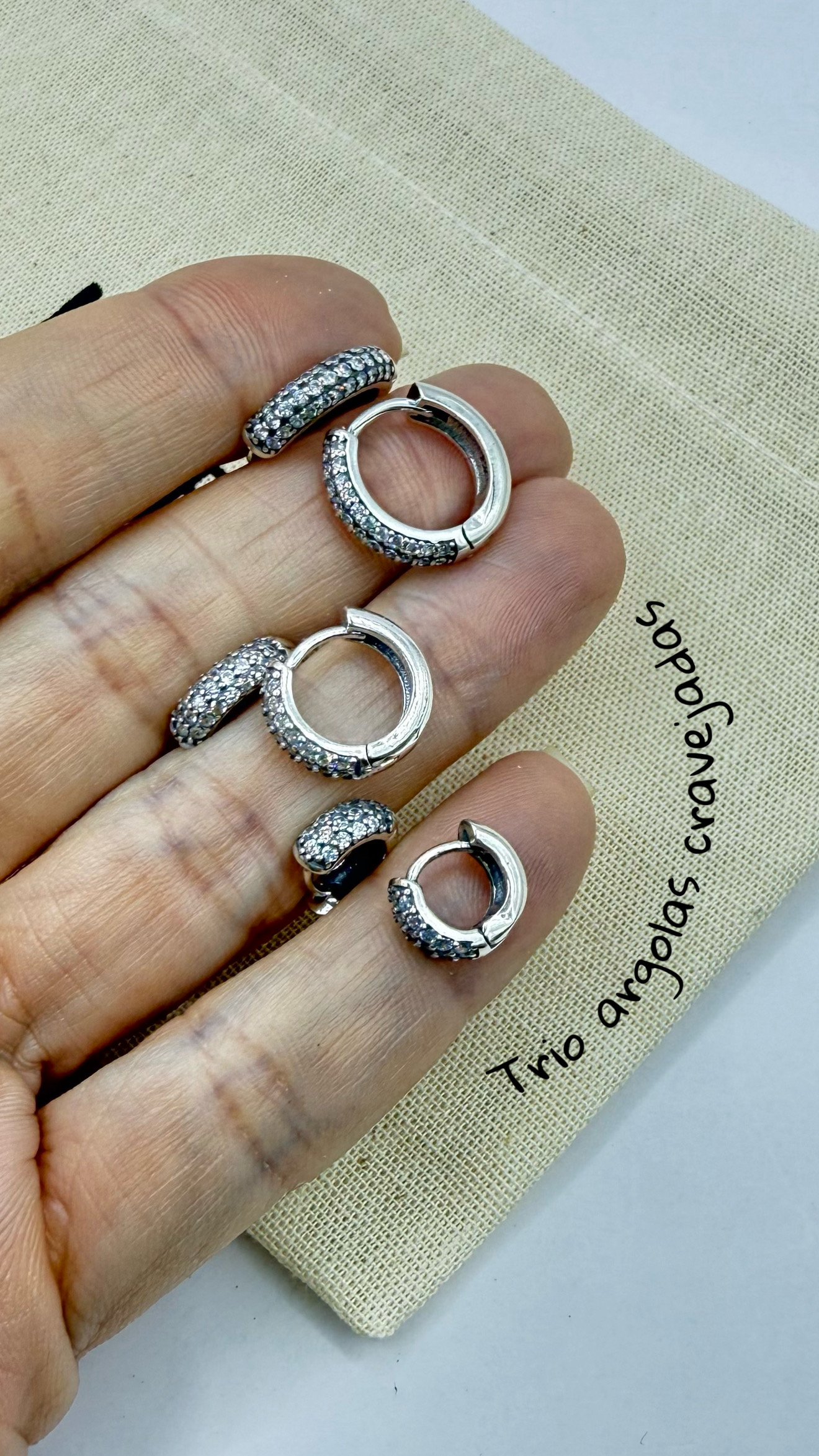 Brincos trio argolas zircônias balinês prata 925(0,3 mm) 