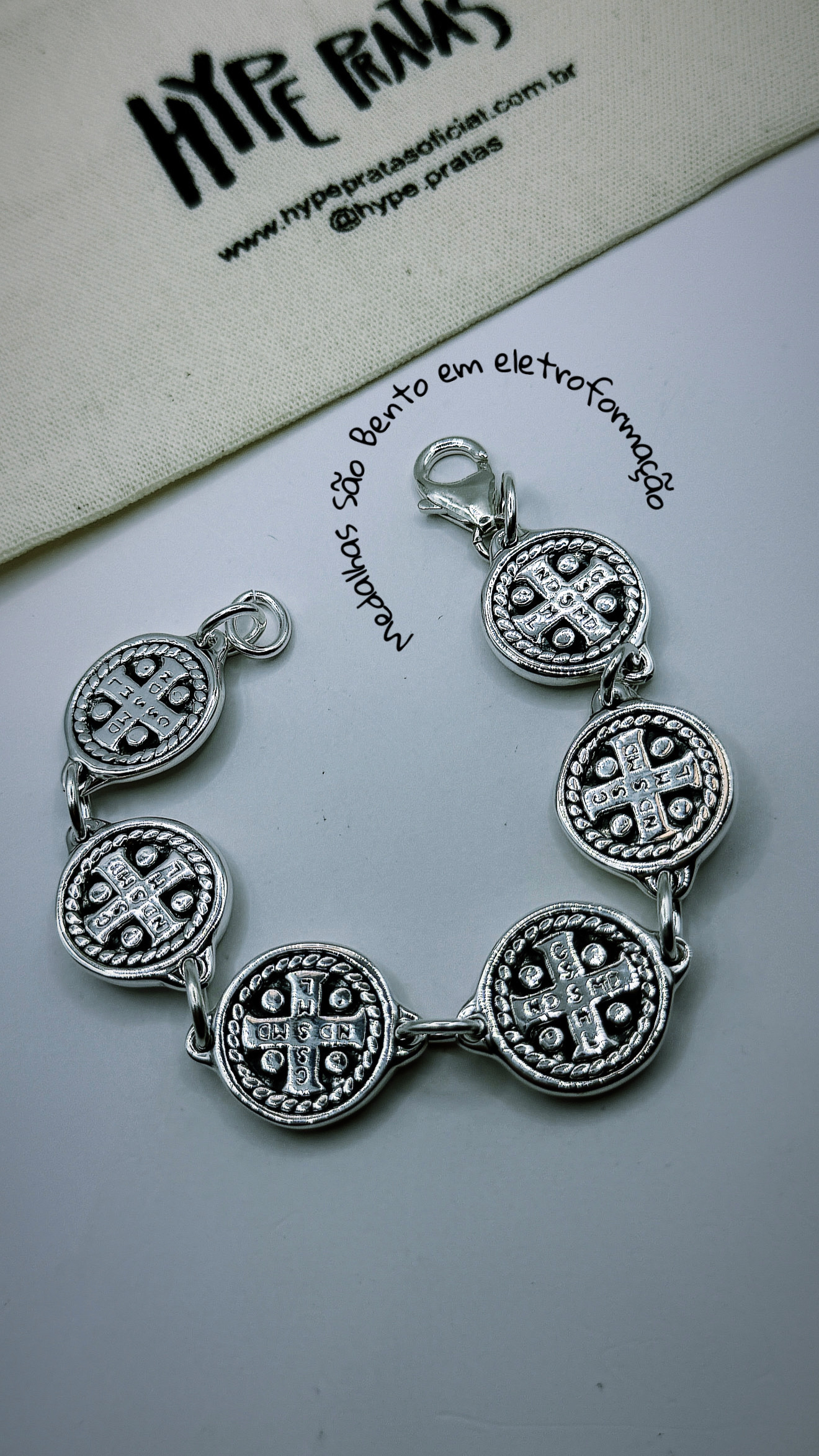 Pulseira eletroformação de medalhas de São Bento prata 925 