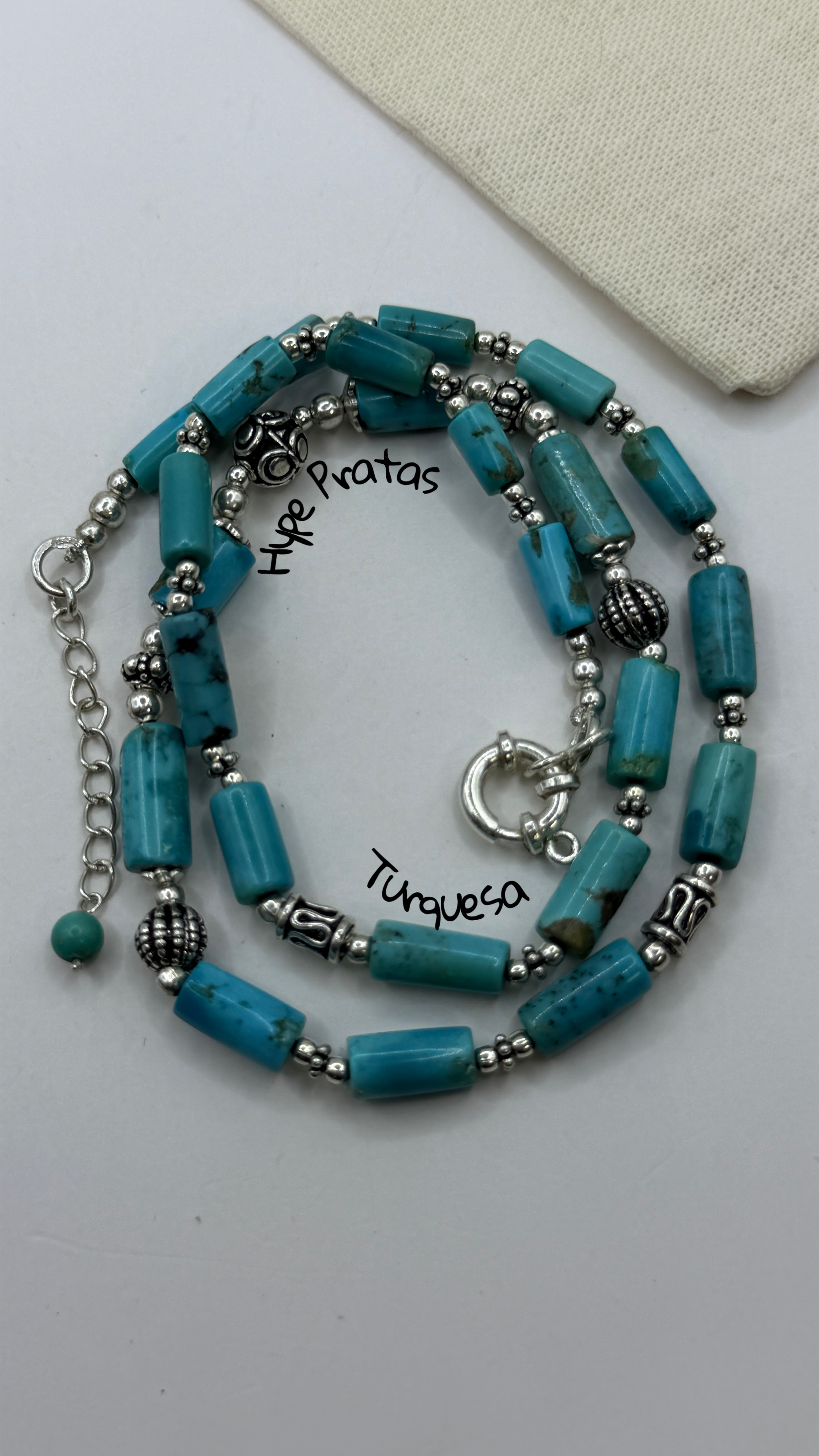Colar tailandês pedras turquesa prata 925 (fecho boia /45 cm + 3 cm) 