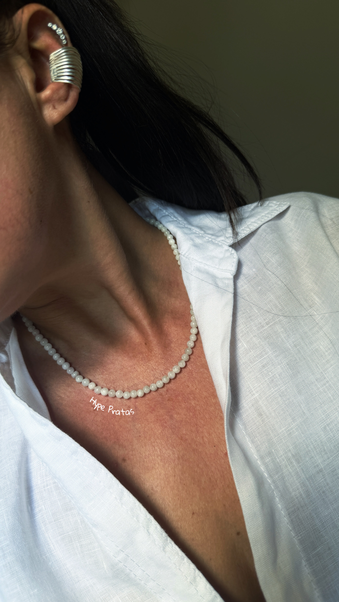 Choker pedra da lua lisa fecho boia prata 925(45 cm/0,4 mm)