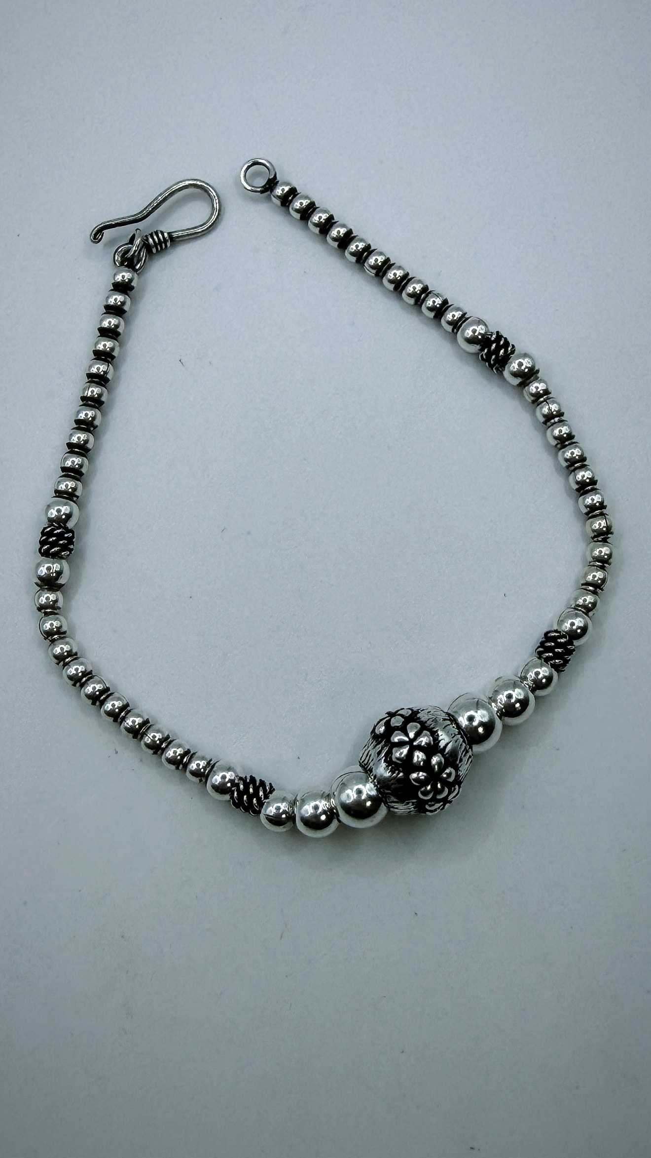 Pulseira bolinhas tailandesa  flor sorte prata 925 (19 cm)  